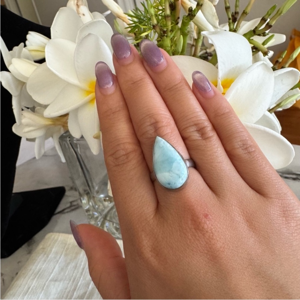 Sterling silver and Blue Larimar Teardrop inlaid Ring,Size: 7.5
